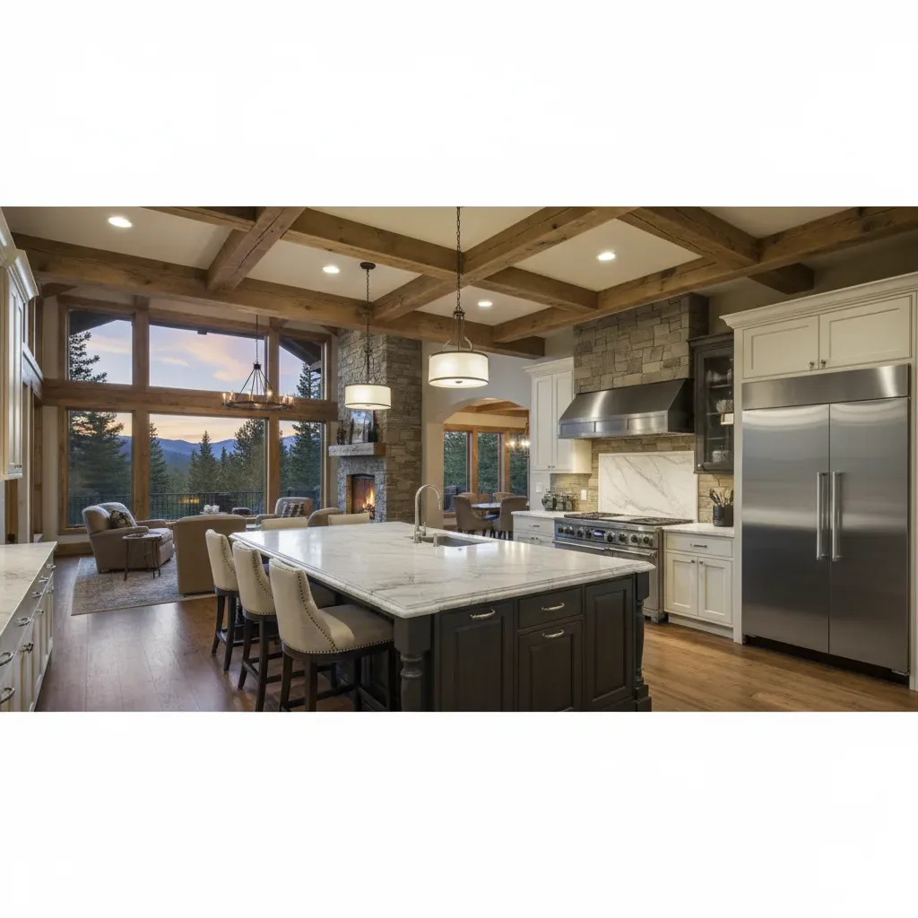 Luxury foothills kitchen with a professional GE Monogram range and hood