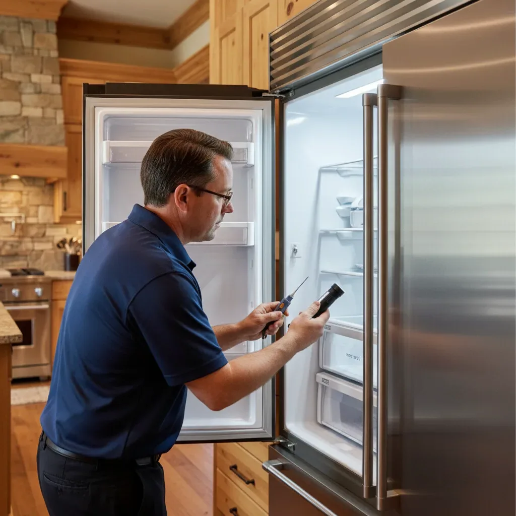 Close-up of a refrigerator door gasket and sealed-system components during a repair