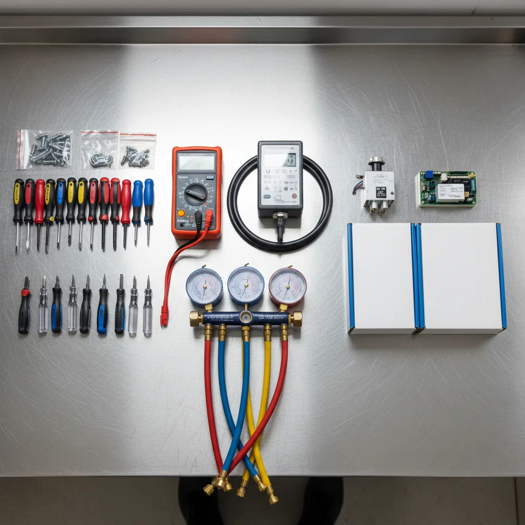 OEM appliance replacement parts and technician tools laid out on a work surface